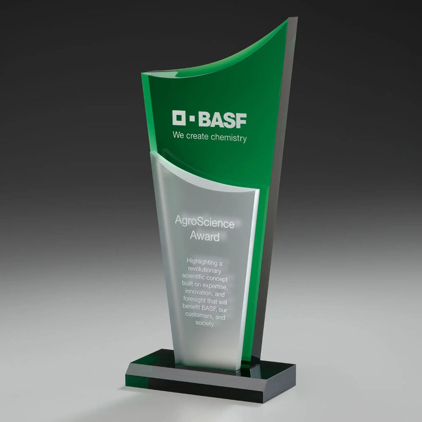 Emerald Drive Award mit Beispiel-Digitaldruck: Logo oben, Gravurtext auf silbernem Acrylelement, schwarzer Sockel
