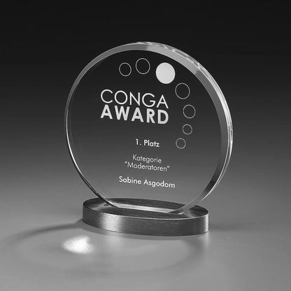 Metal Round Award – runde Acrylglasscheibe auf ovalem Metallsockel, Lasergravur mit Logo und Text, personalisierbar für Unternehmensauszeichnungen und Firmenevents
