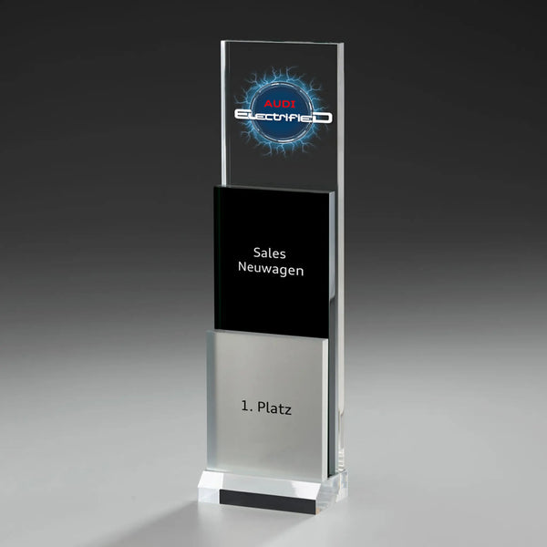 Phantom Step Award mit Digitaldruck und Lasergravur: Logo auf klarem Acrylpanel, schwarzes Mittelelement mit Kategorietext, silbernes Element mit Platzierung, klarer Sockel
