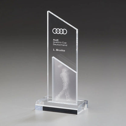 Acrylic Ice Peak Award aus klarem Acrylglas mit gefrosteter Innenstele, Lasergravur mit Logo und Text sowie Golfspieler-Motiv auf schwarzem Sockel
