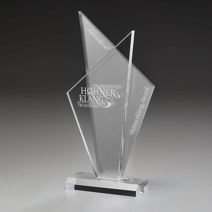 Acrylic Ice Style Award aus klarem Acrylglas mit zwei ineinandergreifenden Spitzen, Lasergravur mit Logo und Text auf klarem Sockel
