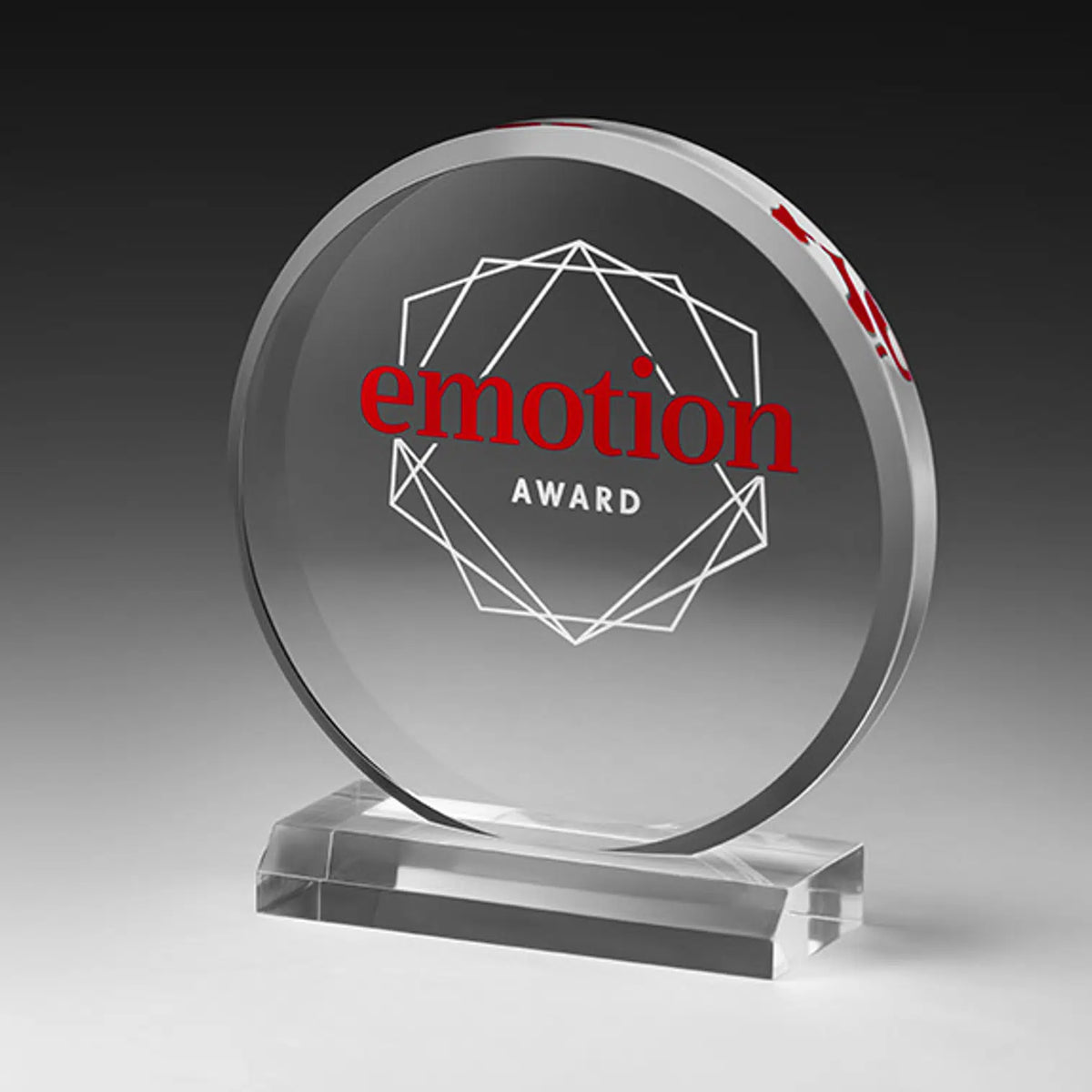 Acrylic Round Award – runde Acrylglas-Trophäe mit geschliffenem Rand und Digitaldruck auf flachem Acrylsockel, 3 Größen, personalisierbar für Events und Golfturniere
