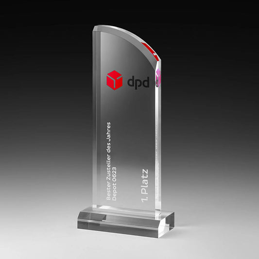 Acrylic Wing Award – schlanke Acrylglas-Stele mit dynamischer Flügelform, Digitaldruck und Lasergravur, 3 Größen, personalisierbar für Events und Golfturniere
