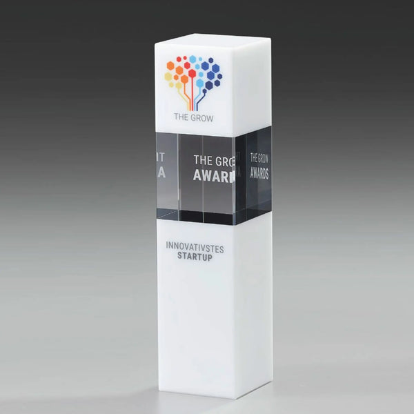 Glasaward Glaspokal aus klarem und weißem Glas: der Arctic Cubix Award
