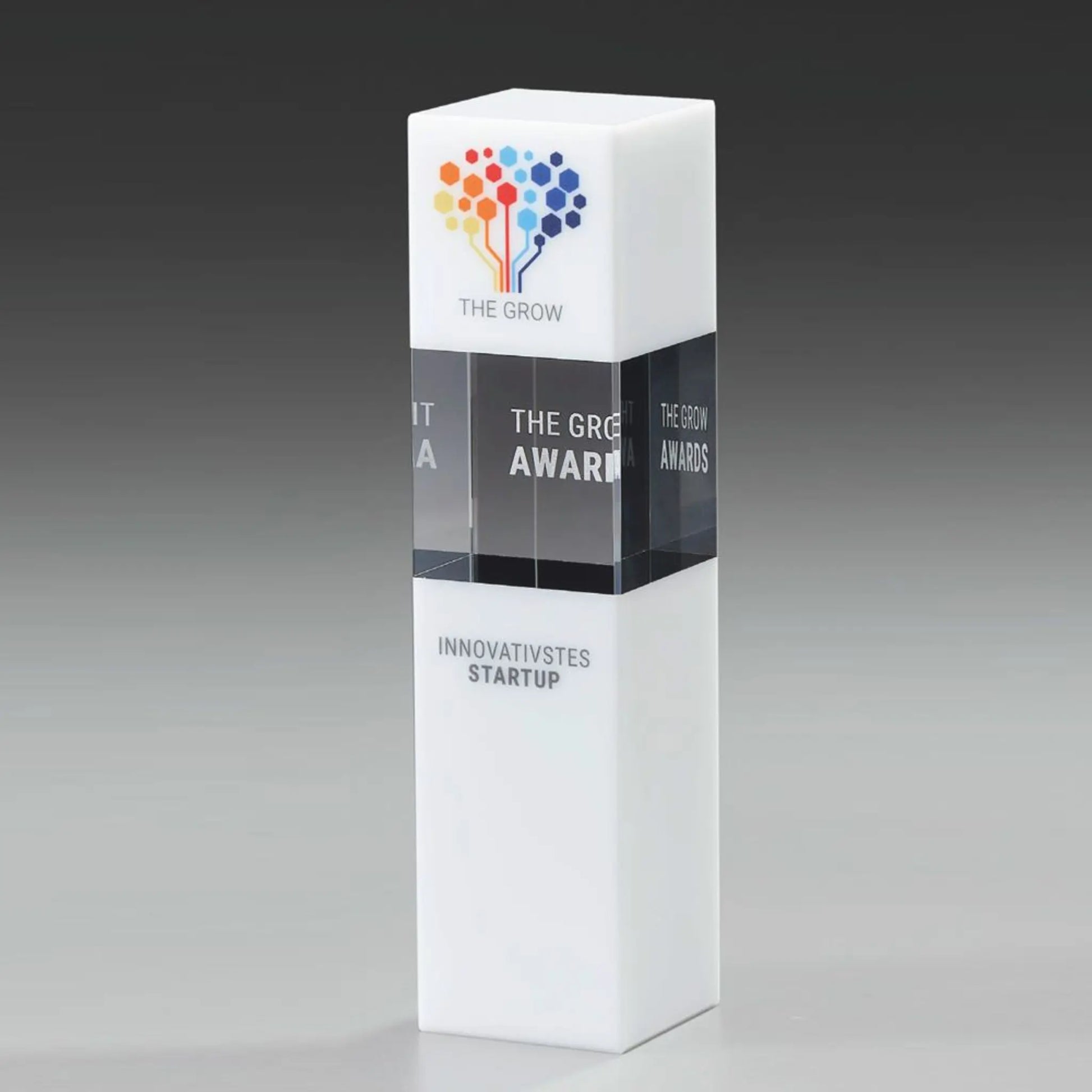Glasaward Glaspokal aus klarem und weißem Glas: der Arctic Cubix Award
