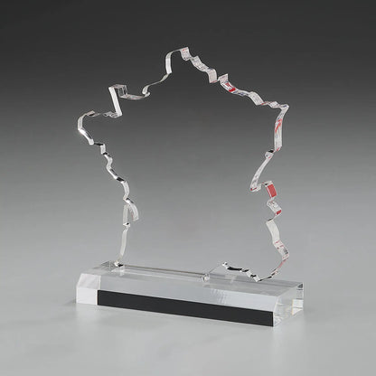 Frankreich Karte Award – Acrylglasscheibe in Form der Frankreichkarte auf Acrylsockel, blank ohne Gravur, personalisierbar mit Lasergravur und Digitaldruck für Unternehmensauszeichnungen und Events
