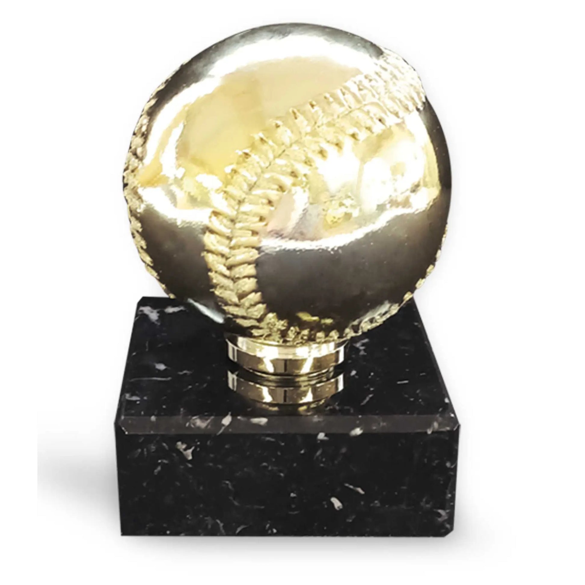 Baseball-Award goldfarben glanzlackiert auf schwarzem Marmorsockel – echter Baseball mit Hochglanz-goldbfarbener Beschichtung und markanten Nähten, Höhe 110 mm
