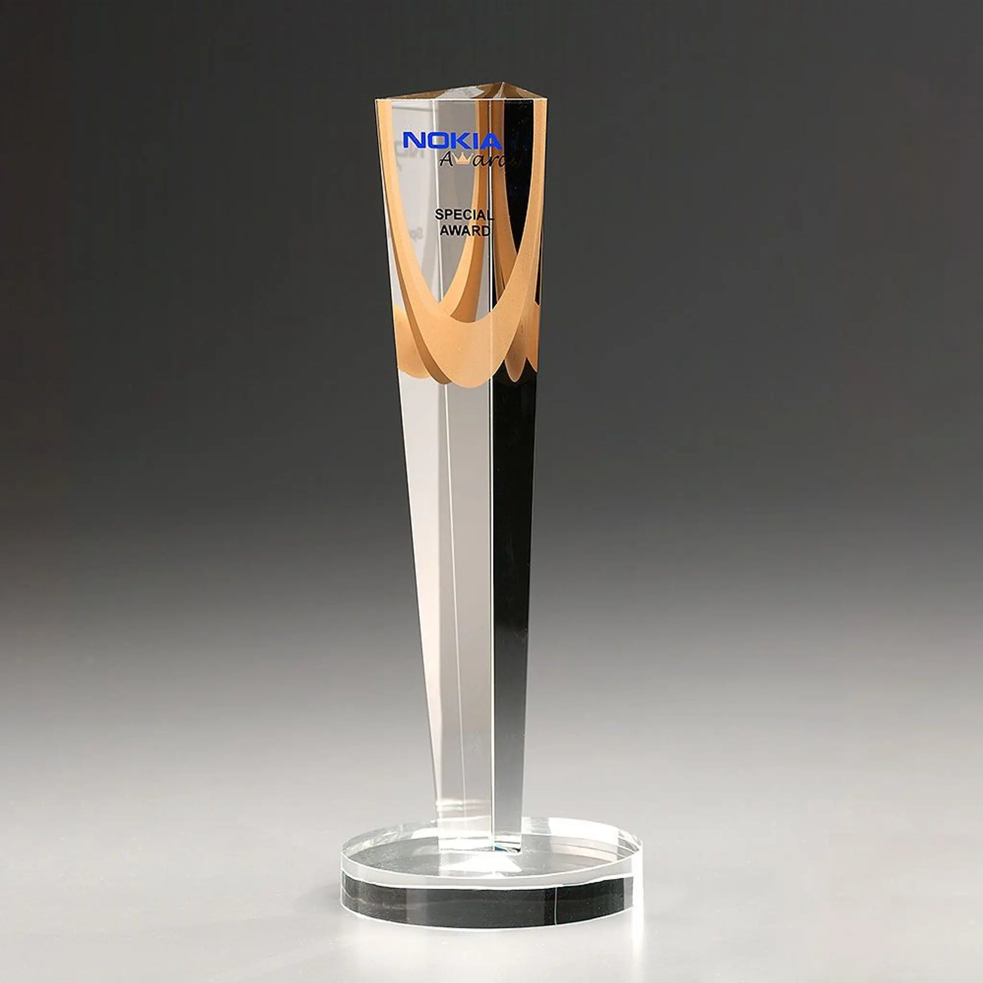 Crystal Column Award aus Kristallglas, 300 mm, mit goldenem UV-Druck – aufstrebende Säulen-Trophy auf rundem Sockel
