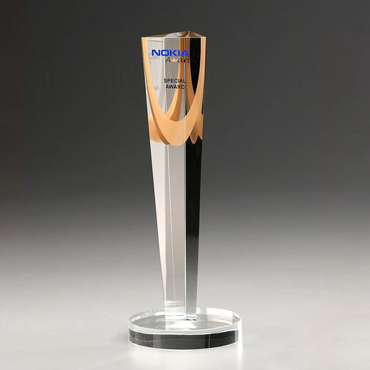 Crystal Column Award aus Kristallglas, 300 mm, mit goldenem UV-Druck – aufstrebende Säulen-Trophy auf rundem Sockel
