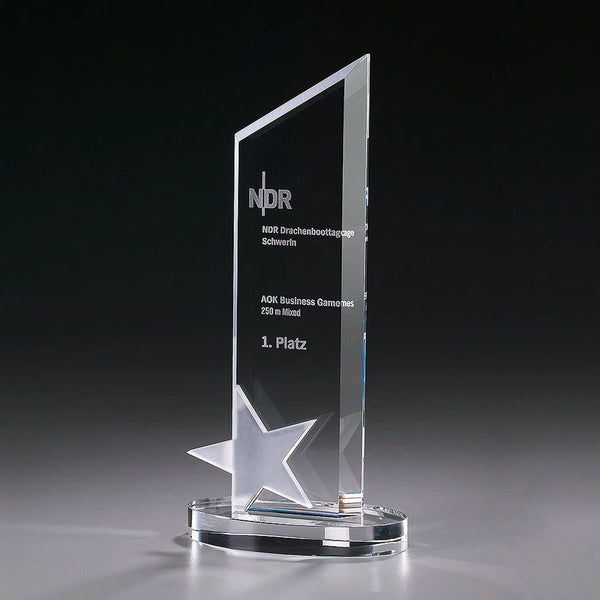 Crystal Ice Star Peak Award aus Kristallglas mit Stern-Element und Lasergravur – Beispielmotiv , auf rundem Kristallsockel

