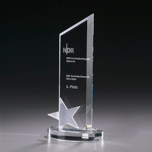 Crystal Ice Star Peak Award aus Kristallglas mit Stern-Element und Lasergravur – Beispielmotiv , auf rundem Kristallsockel
