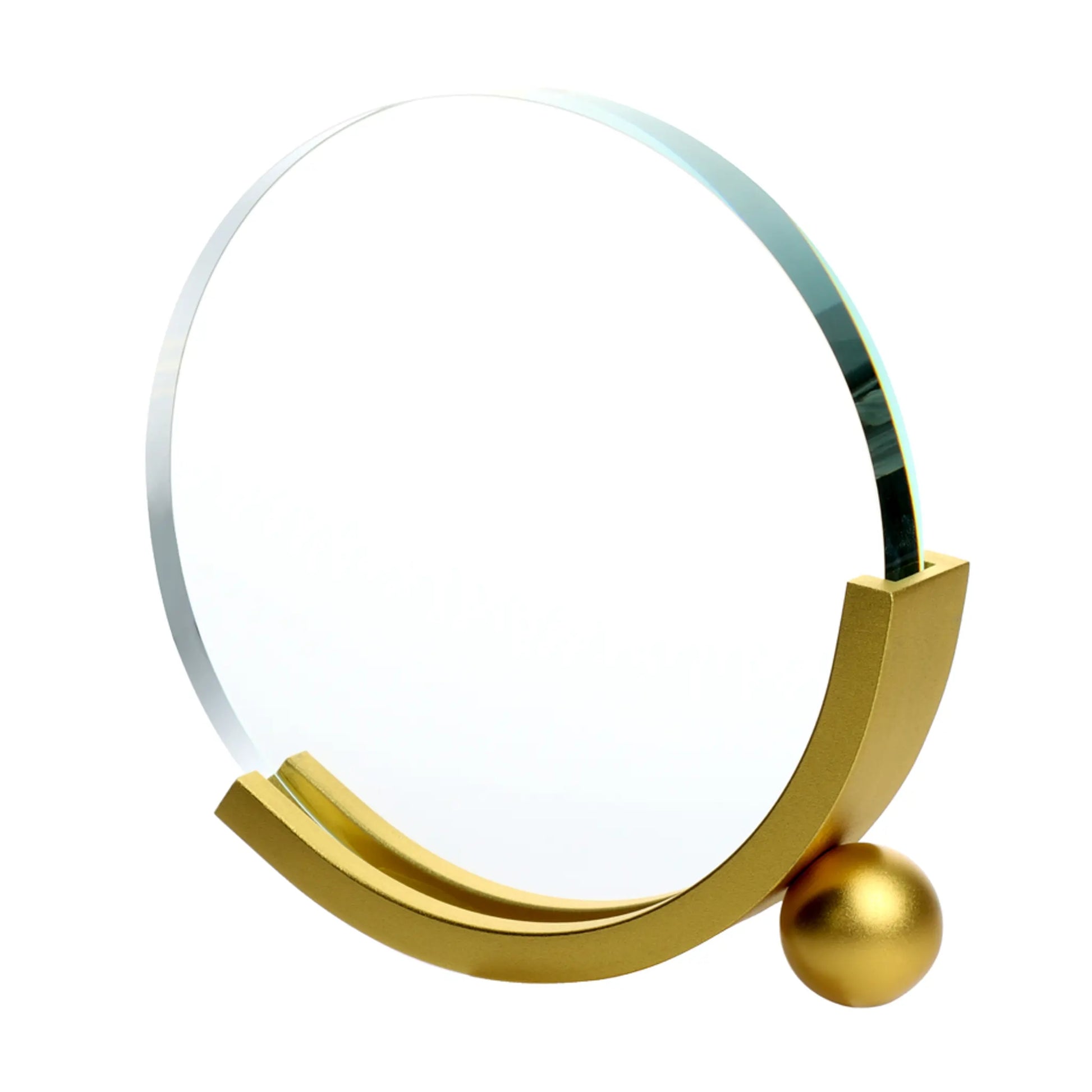 Glas-Metall Award GOLDEN CIRCLE – runde Glasscheibe auf goldfarbenem U-förmigem Metallbügel mit Kugelakzent, blank ohne Gravur, personalisierbar mit Lasergravur für Unternehmensauszeichnungen und Gala-Abende
