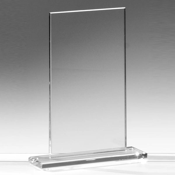 Glasaward Budget Rechteck – Klarglas-Trophäe im hochformatigen Design, 6 mm starkes Klarglas, poliert und randgeschliffen, auf separatem Sockel
