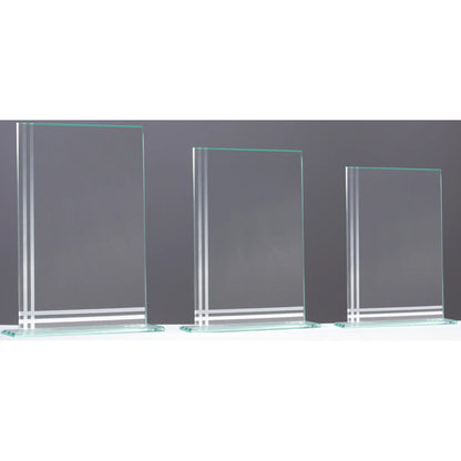 Glasaward Rechteck LINES in drei Größen – Glastrophäen aus 4 mm Klarglas mit Linienmuster für Firmenehrungen und Golfturniere
