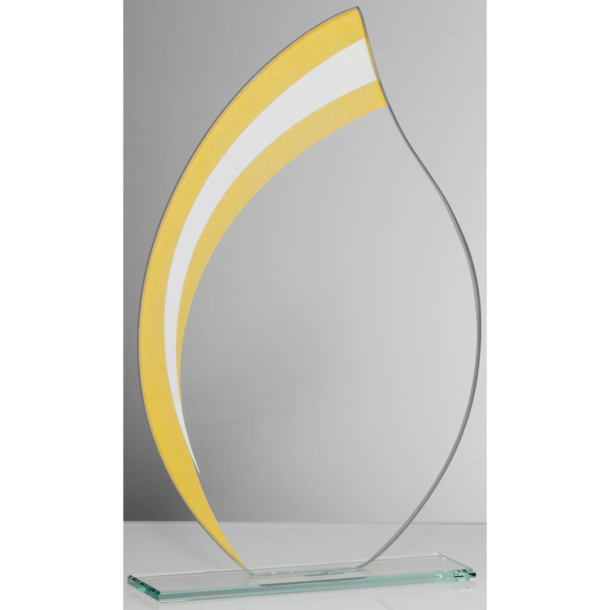 Glasaward FLAME goldgelb-farben, 225 mm, aus 4 mm Klarglas für Lasergravur, inklusive Geschenkbox
