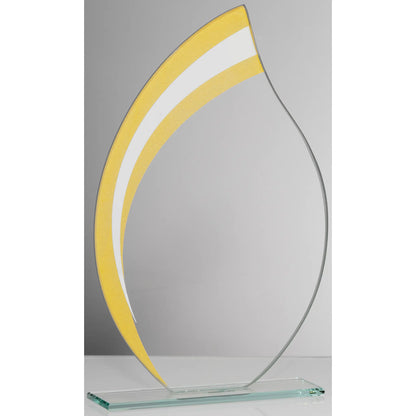 Glasaward FLAME goldgelb-farben, 225 mm, aus 4 mm Klarglas für Lasergravur, inklusive Geschenkbox
