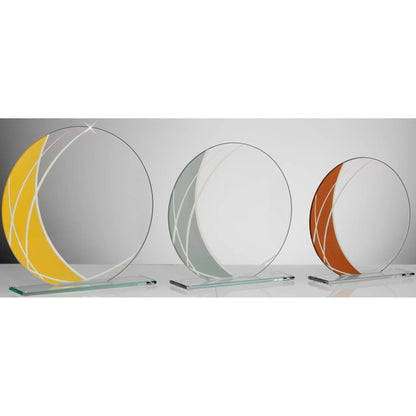 Glasaward Circle in Bronze, Silber und Gold – Glastrophäen aus 4 mm Klarglas für Lasergravur
