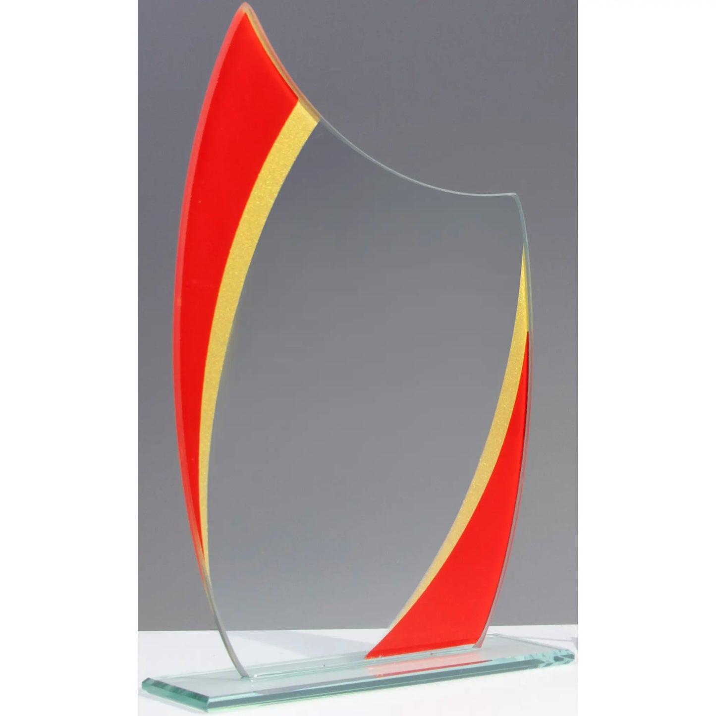 Glasaward Budget Colours in Rot – Glastrophäe mit geschwungener Flammen-Silhouette, rotes und gelbes Glaselement, 4 mm Klarglas, auf integriertem Sockel
