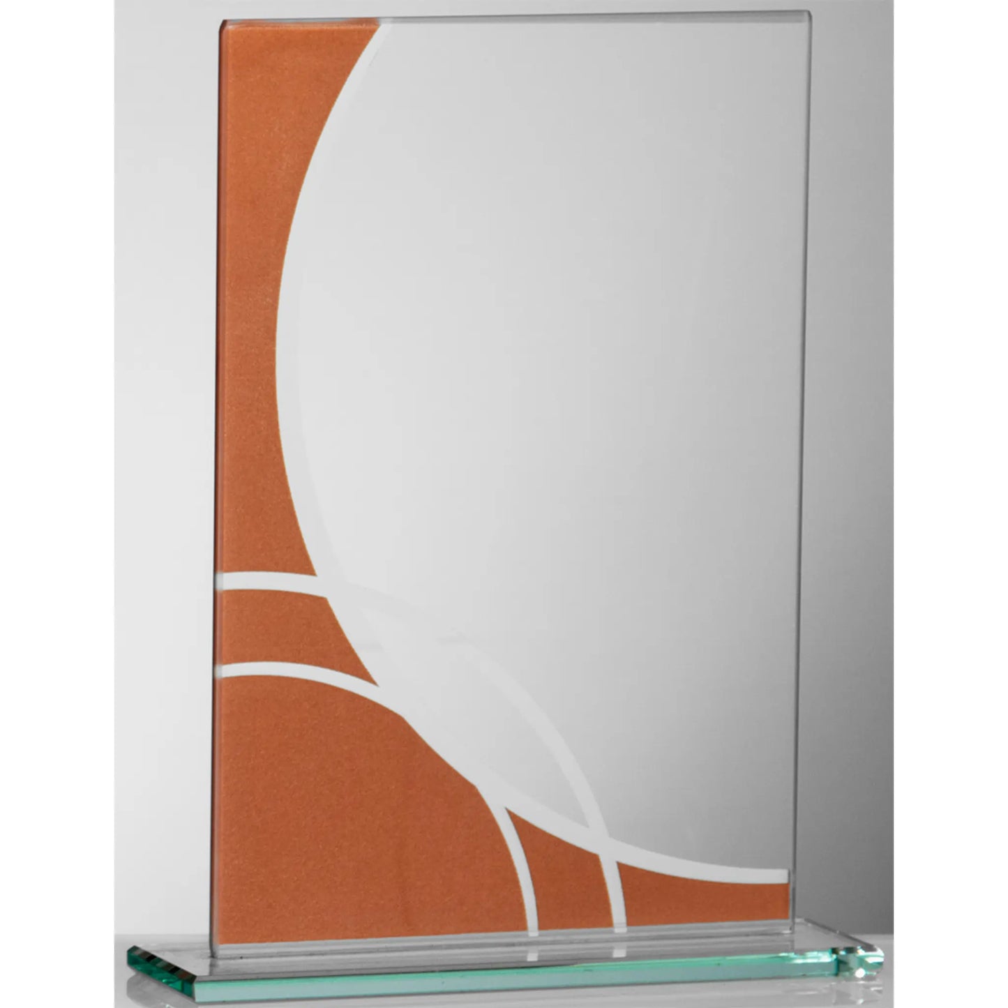 Glasaward Rechteck bronze-farben 185 mm – Klarglas mit bronzefarbenem Seitendekor und geschwungenem Linienmuster, freie Gravurfläche in der Mitte
