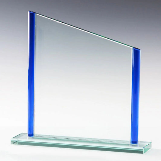 Glas-Award Coloured Frame aus klarem Glas mit blauen Glaselementen, geeignet für individuelle Lasergravur
