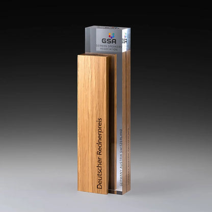 Handsome Holz-Award – rechteckiger Eichenholzblock mit transparenter Acrylglas-Säule, Lasergravur und Digitaldruck mit Logo, Frontansicht, personalisierbar
