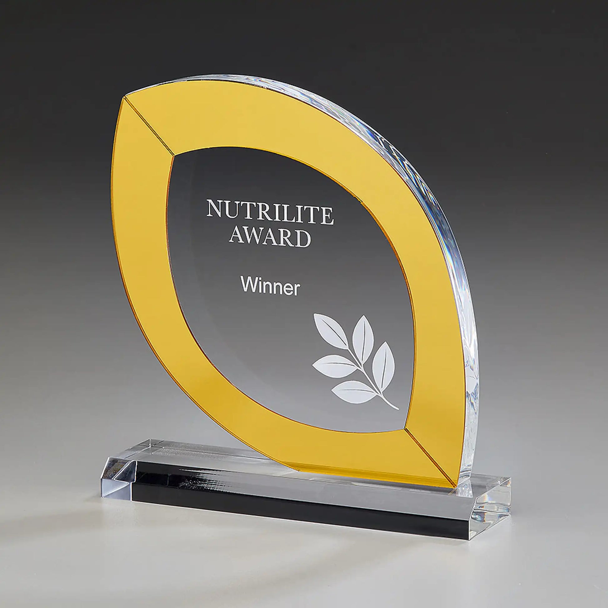 Harmony Award aus klarem Acrylglas, 170 mm hoch, goldfarben rahmender Blattring auf klarem Acrylsockel – mit Beispielgravur

