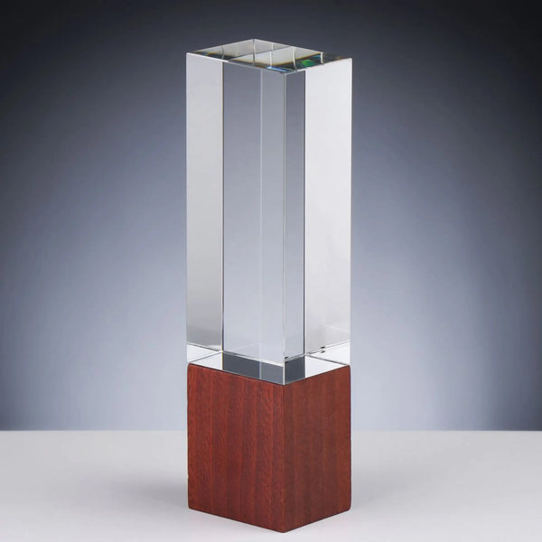 Glas und Holz Award COLUMN – massive Kristallglas-Säule auf quadratischem Holzsockel, ungraviert, 215 x 60 x 50 mm | awardideen.de
