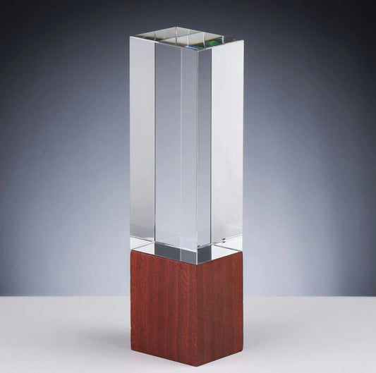 Glas und Holz Award COLUMN – massive Kristallglas-Säule auf quadratischem Holzsockel, ungraviert, 215 x 60 x 50 mm | awardideen.de
