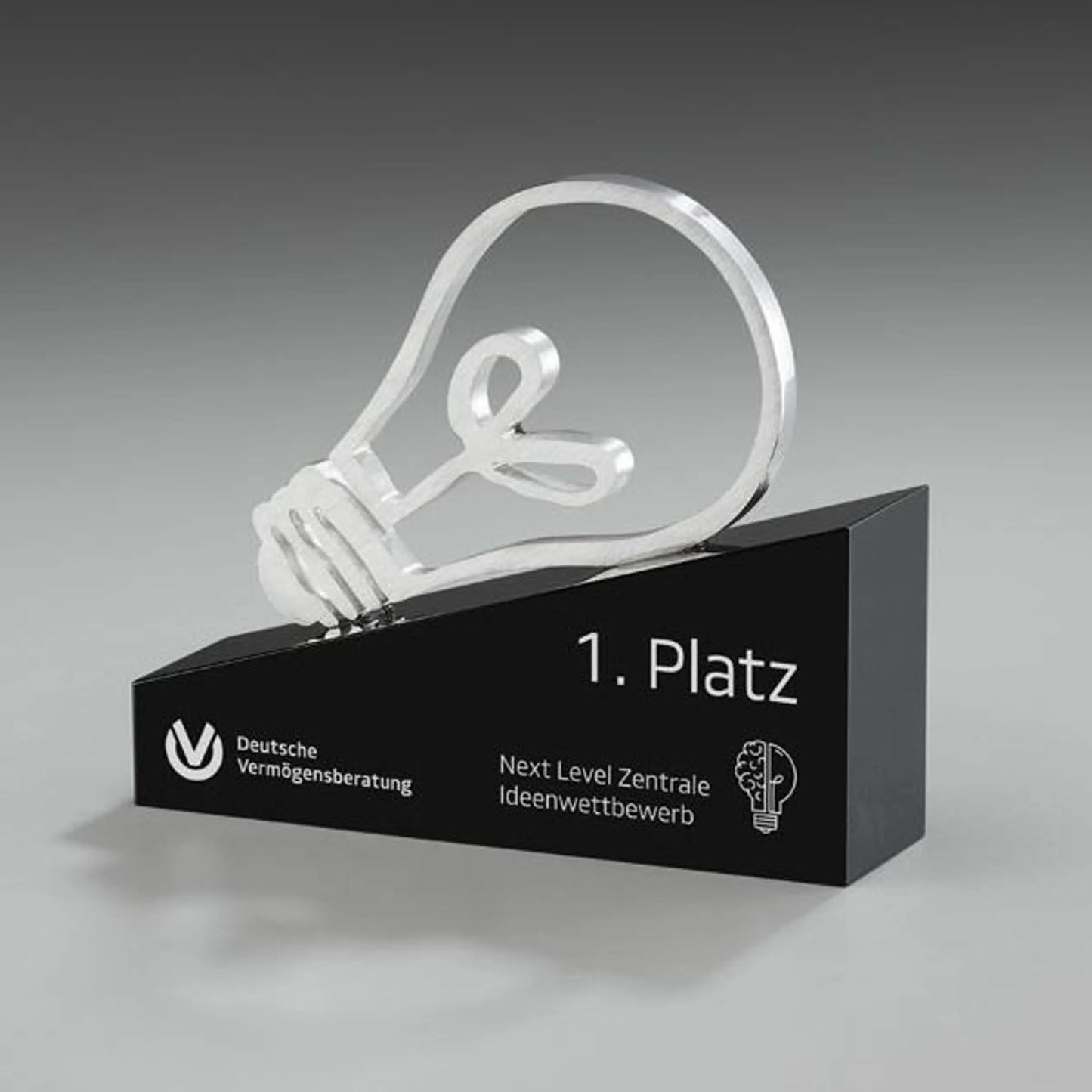 Inspiration Award – Glühbirnen-Design aus poliertem Aluminium auf massivem schwarzem Kristallglassockel, Höhe 150 mm – mit Beispielgravur
