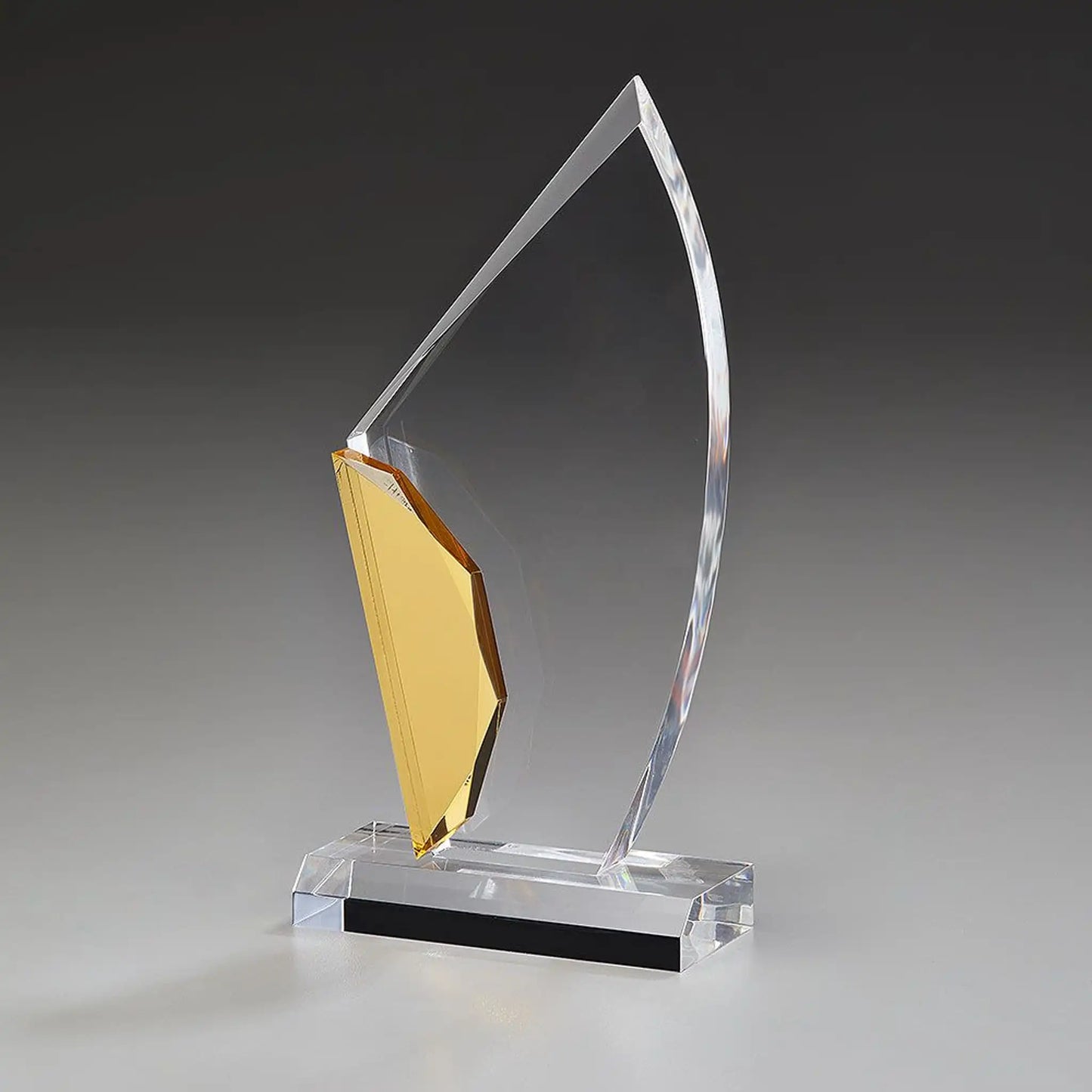 Jewel Award aus klarem Acrylglas, 235 mm hoch, Seitenansicht – goldfarben glänzendes Acrylelement auf klarem Sockel, hier ohne Gravur

