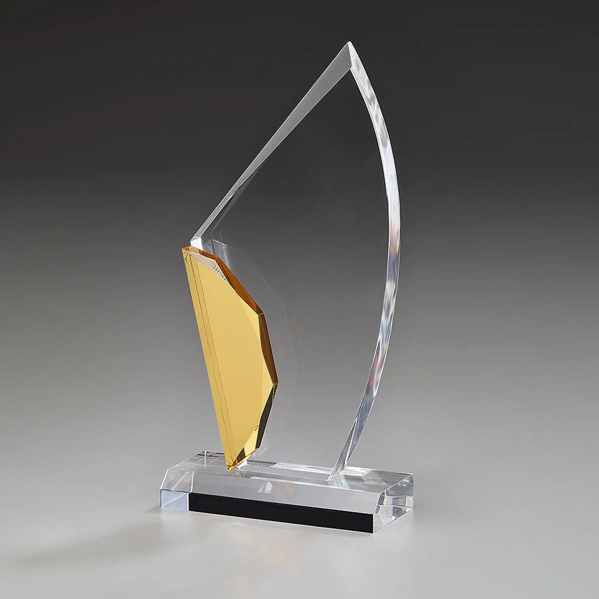 Jewel Award aus klarem Acrylglas, 235 mm hoch, Seitenansicht – goldfarben glänzendes Acrylelement auf klarem Sockel, hier ohne Gravur
