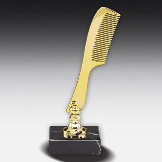 Kamm-Award goldfarben glanzlackiert auf schwarzem Marmorsockel – echter Metallkamm mit Hochglanz-Goldbeschichtung auf goldenem Standfuß, Höhe 140 mm

