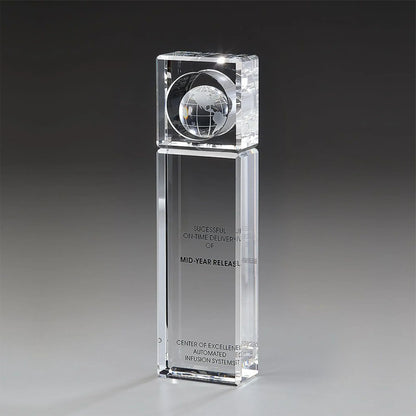 Mondial Tower Award aus Kristallglas, 255 mm, mit eingesetzter Weltkugel – Lasergravur oder UV-Druck möglich, inkl. Geschenkbox
