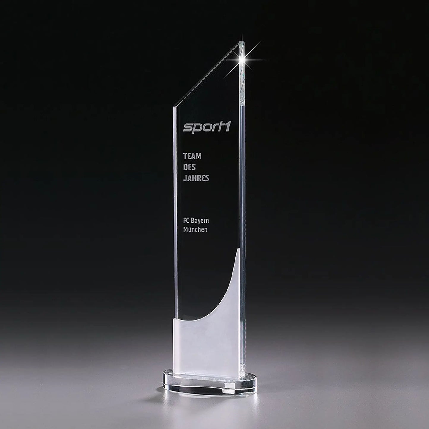 Crystal Ice Stratosphere Award aus Kristallglas mit auftseigender Spitze und Lasergravur – Beispielmotiv, auf rundem Kristallsockel
