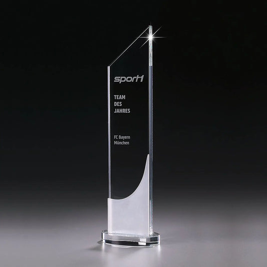 Crystal Ice Stratosphere Award aus Kristallglas mit auftseigender Spitze und Lasergravur – Beispielmotiv, auf rundem Kristallsockel
