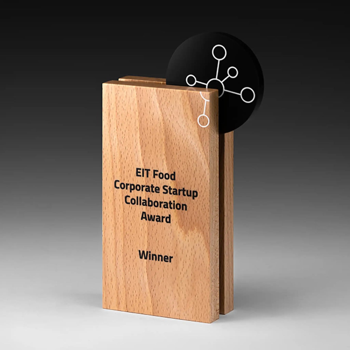 Timber Loop Holz-Award mit schwarzer runder Acrylscheibe auf Holzsockel – personalisierbar mit UV-Druck oder Lasergravur für Events und Golfturniere
