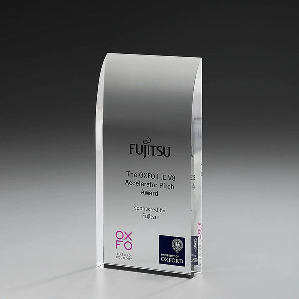 Vernal Award aus Kristallglas, 240 mm, mit UV-Druck – Unternehmensauszeichnung mit Bogenkante und 30 mm Glasstärke
